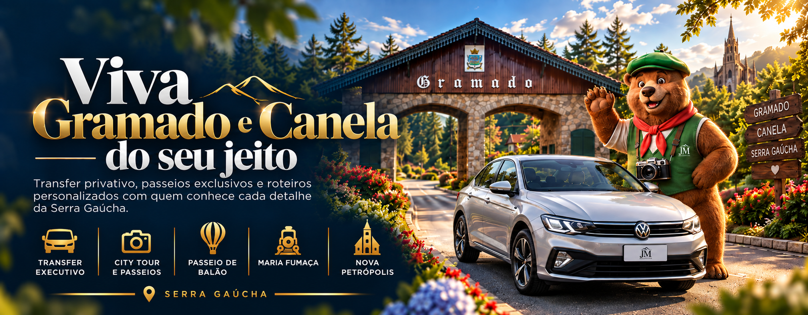 JM Receptivo: Viva Gramado e Canela do seu jeito. Transfer privativo, passeios exclusivos, City Tour e roteiros personalizados. Arte com o pórtico de Gramado, veículo e mascote da marca.